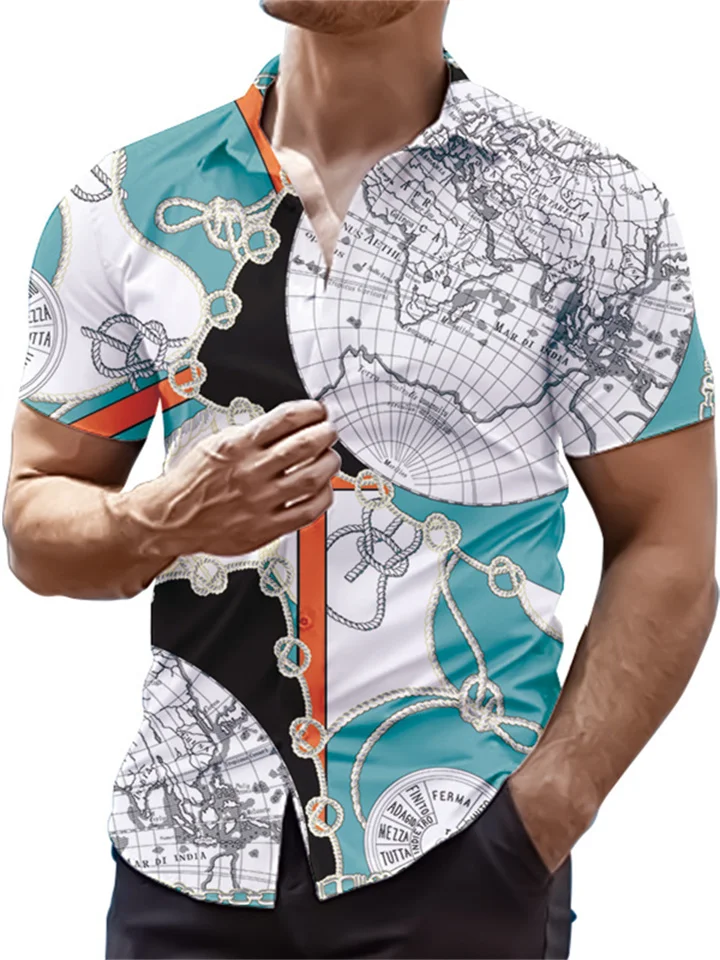 Men's Spring and Summer New Printed Casual Men's Lapel Short Sleeve Shirt-JRSEE