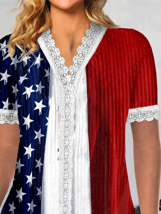 Women Short Sleeve V-neck National Flag Printed Printed Graphic Lace Tops