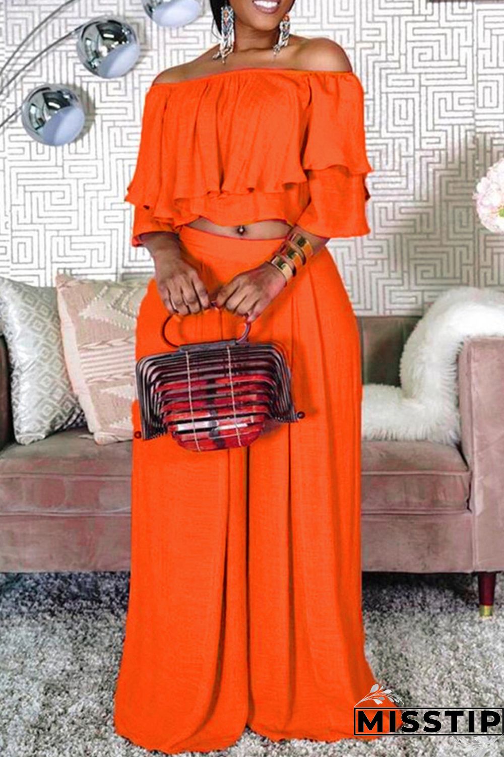 Blue Fashion Casual Solid Patchwork Off the Shoulder Half Sleeve Two Pieces