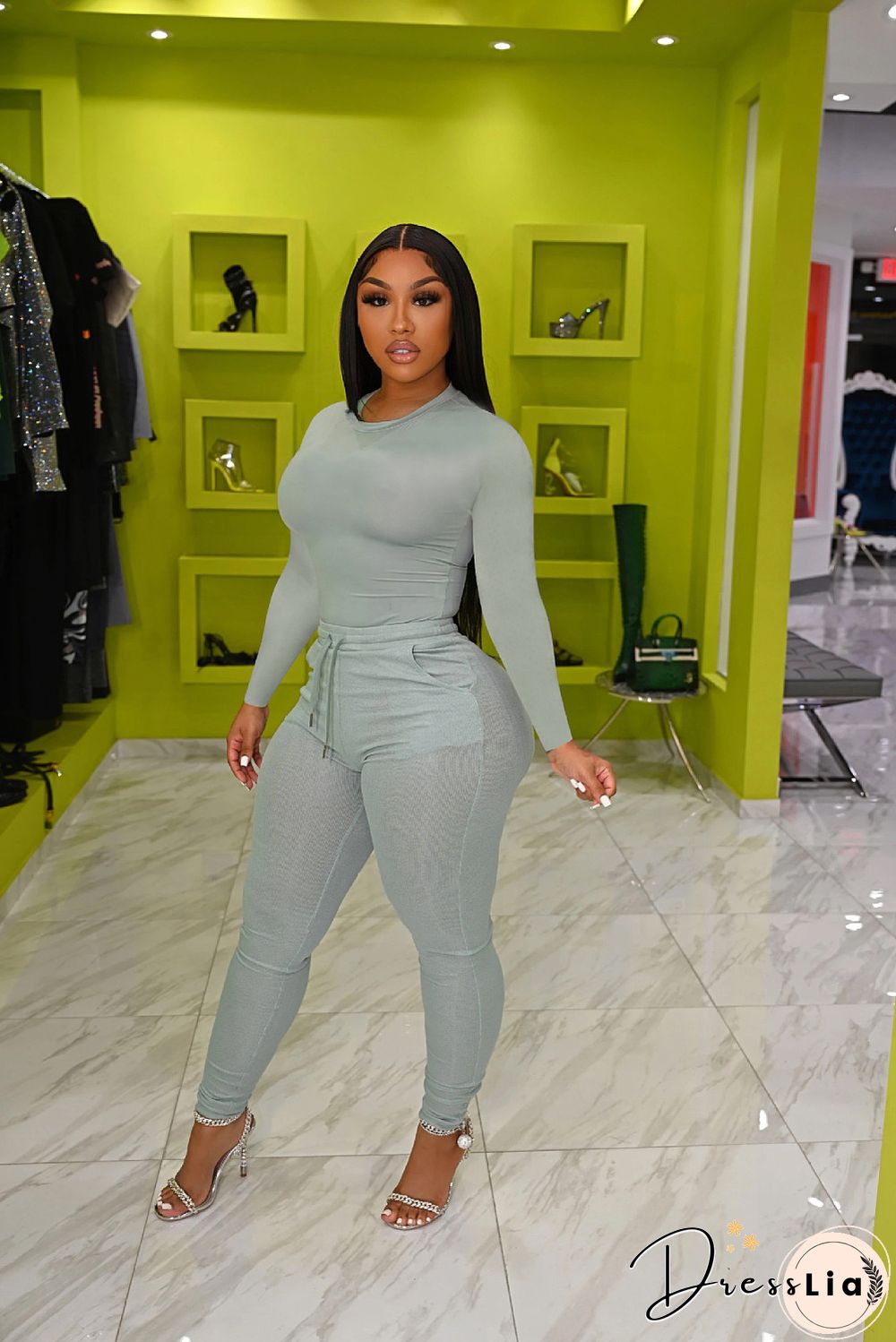 Solid Long Sleeve T Shirt Lace Up Pants Set