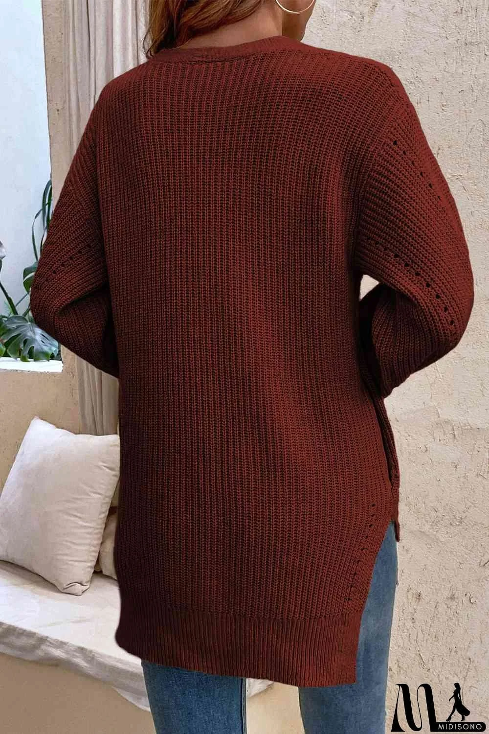 MidiSono - V-Neck Openwork Long Sleeve Cardigan