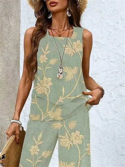 Women's Sleeveless Square Collar Graphic Printed Casual Set
