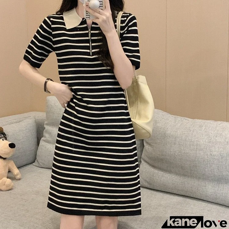 Women Casual Stripe Print Polo Neck Loose Dress