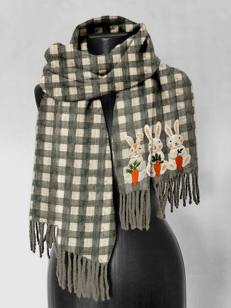 Comstylish Checkered Easter Bunnies and Carrots Comfy Tassel Scarf