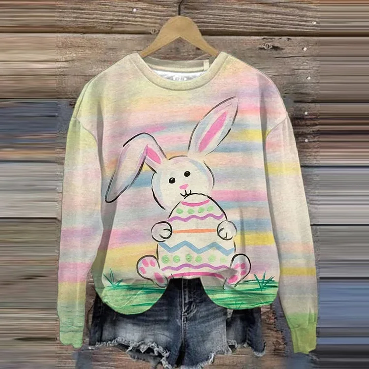 VChics Women'S Easter Bunny Egg Print Round Neck Sweatshirt