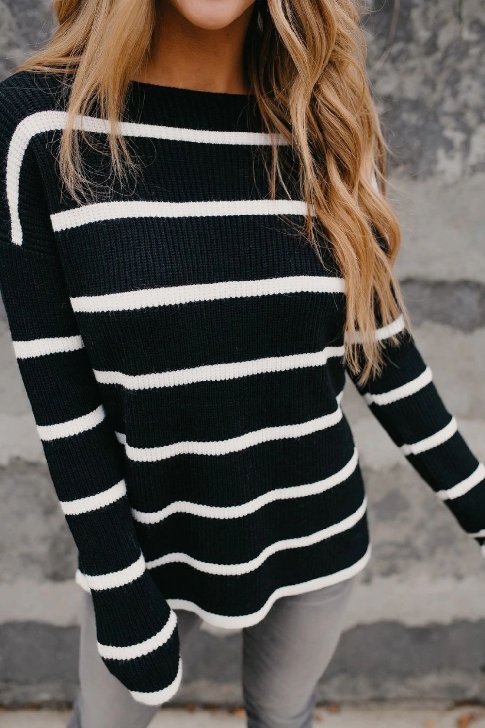 2021 Autumn And Winter Women'S New Solid Color Striped Sweater Top Casual Striped Loose Round Neck Sweater