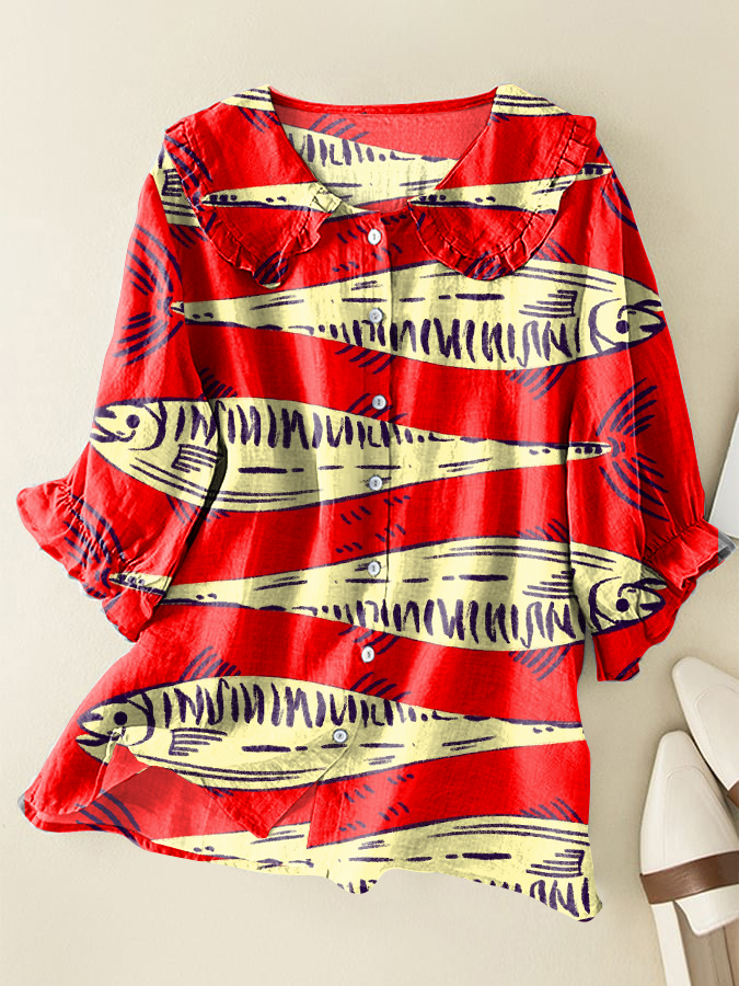 Red Vintage Sardines Loose Peter Pan Ruffle Collar Shirt