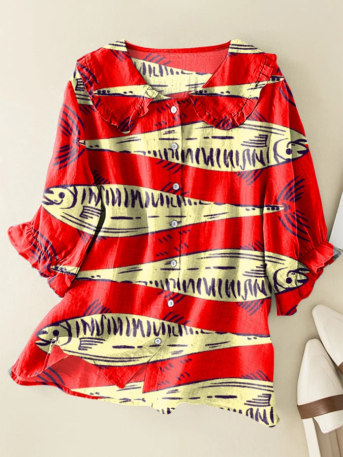 Red Vintage Sardines Loose Peter Pan Ruffle Collar Shirt
