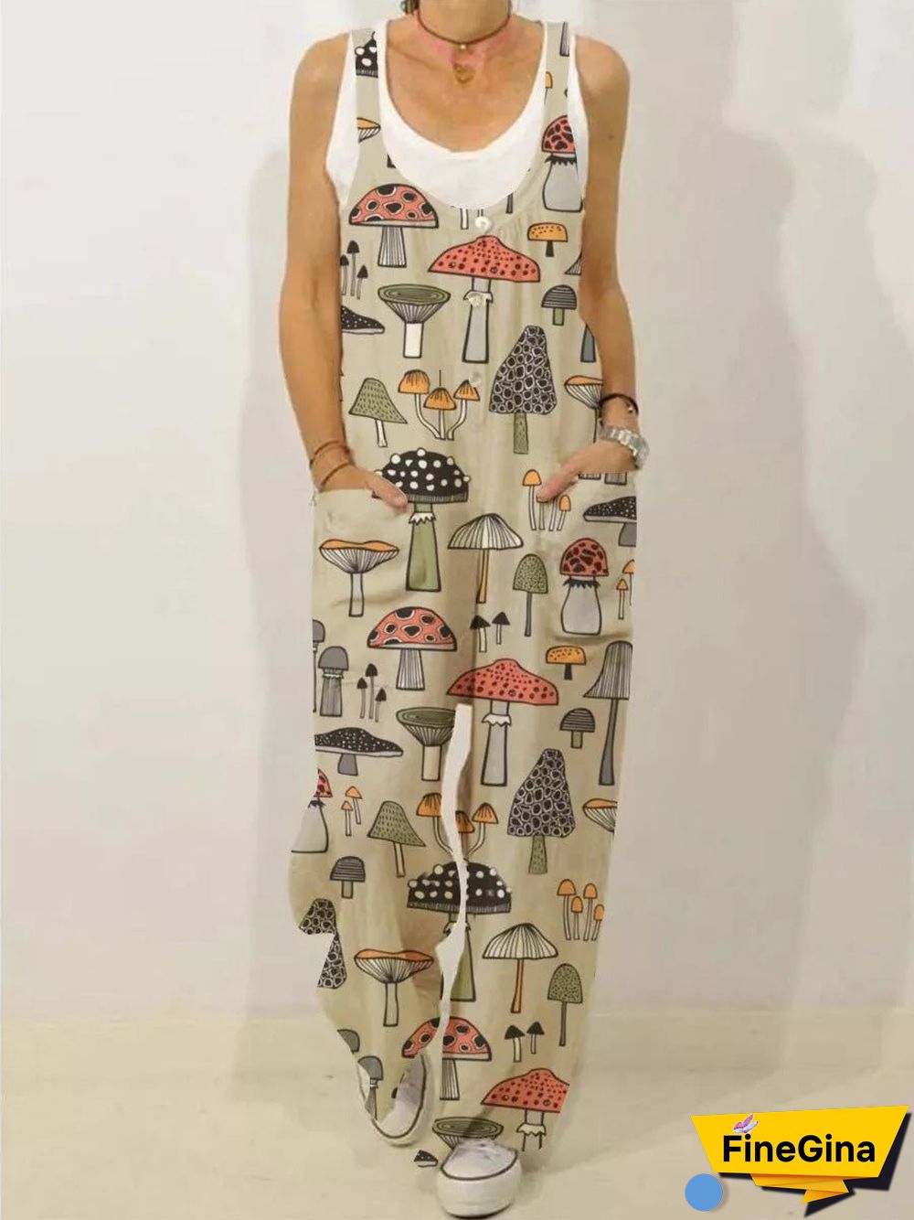 Women'S Jumpsuits Loose Cute Print Pocket Sleeveless Jumpsuit