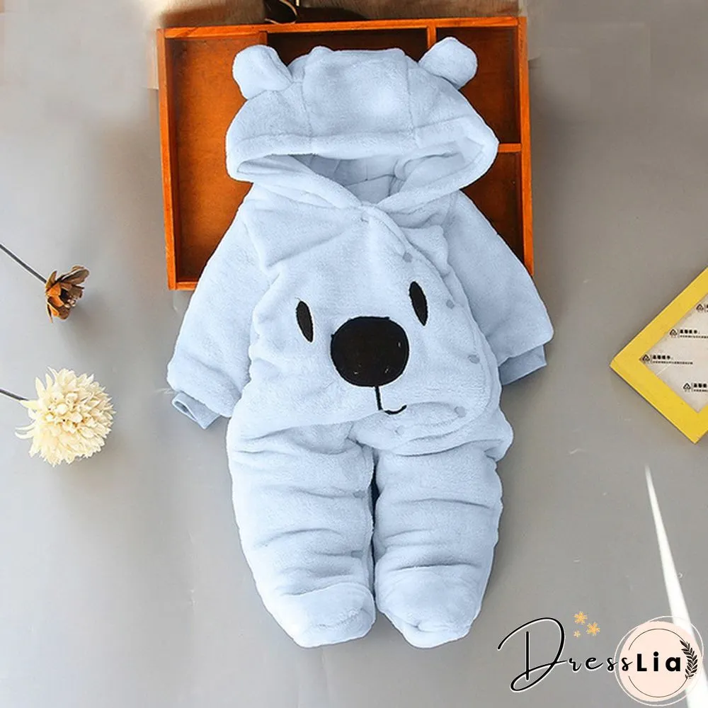 Newborn Baby Girl Boy Solid Color Cartoon Bear Velvet Hooded Jumpsuit Winter Warm Thick
