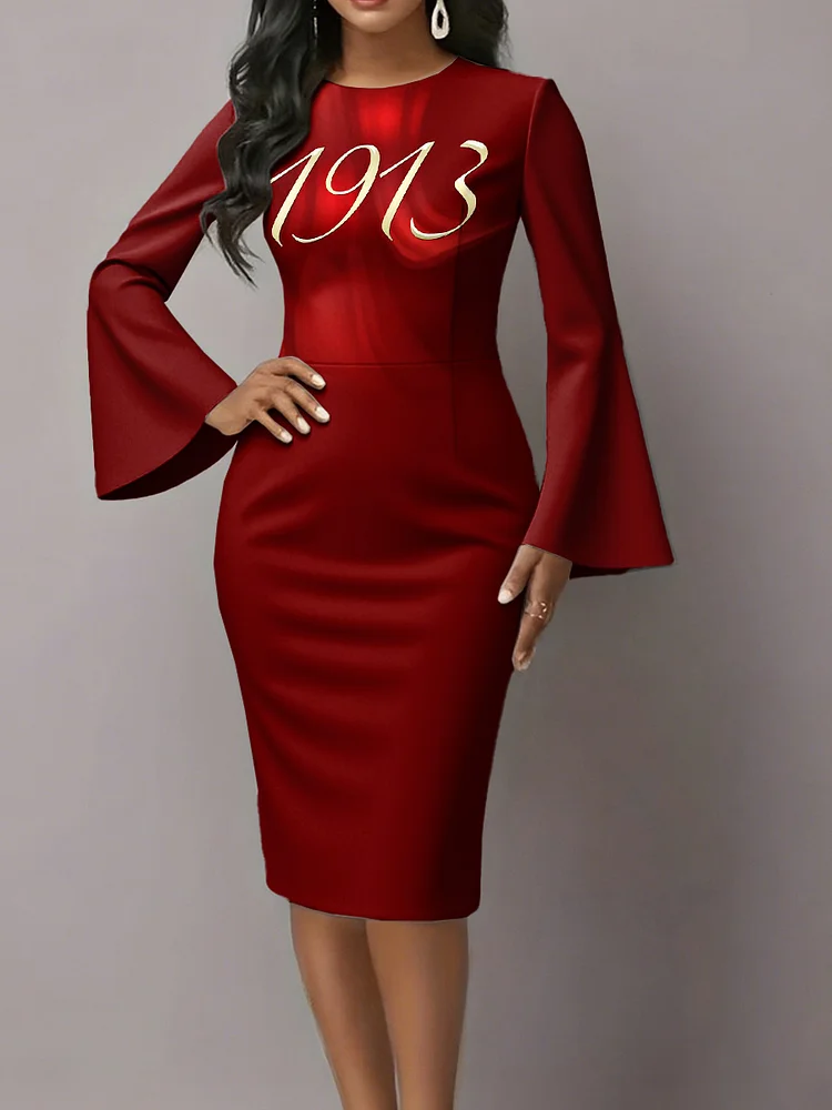 Women's Fashion Red Sisterhood Art Print Flared Sleeves Midi Bodycon Dresses