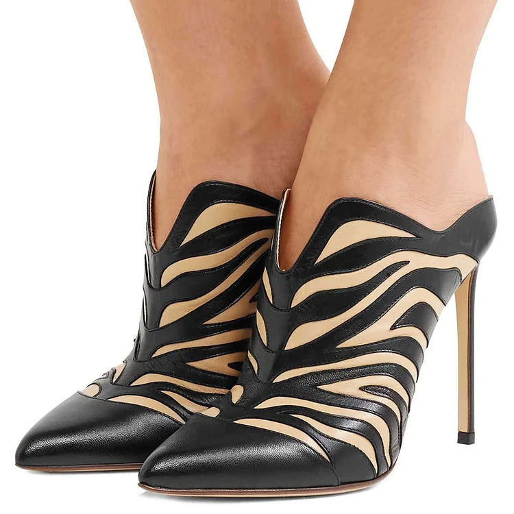 Women's Black and Nude Animal Print Pointed Toe Mule Heels |FSJ Shoes