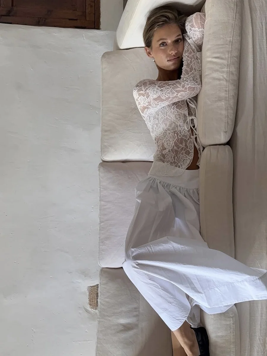 Athvotar Athvotar Hollow U-Neck Long-Sleeved Lace Jersey Women's Spring And Summer Can Be Folded With Sweet And Spicy Pure Lust Burqas Sunscreen Tops