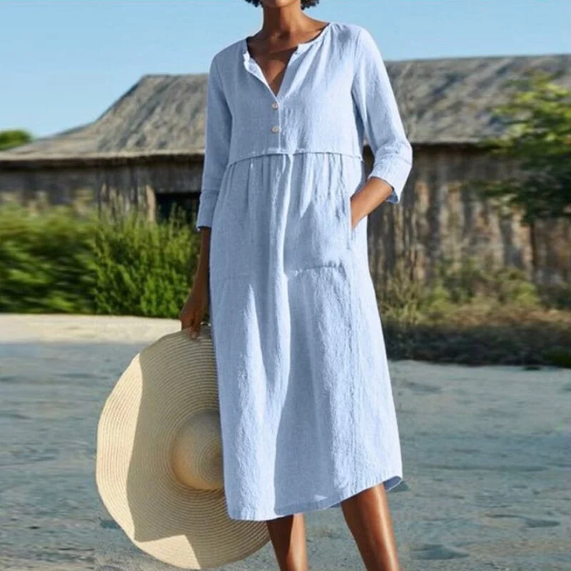 New Autumn Linen Cotton Half Sleeve Dress Women V Neck Button Midi Dress Casual Female Solid Loose Pocket Dress Oversize 5XL