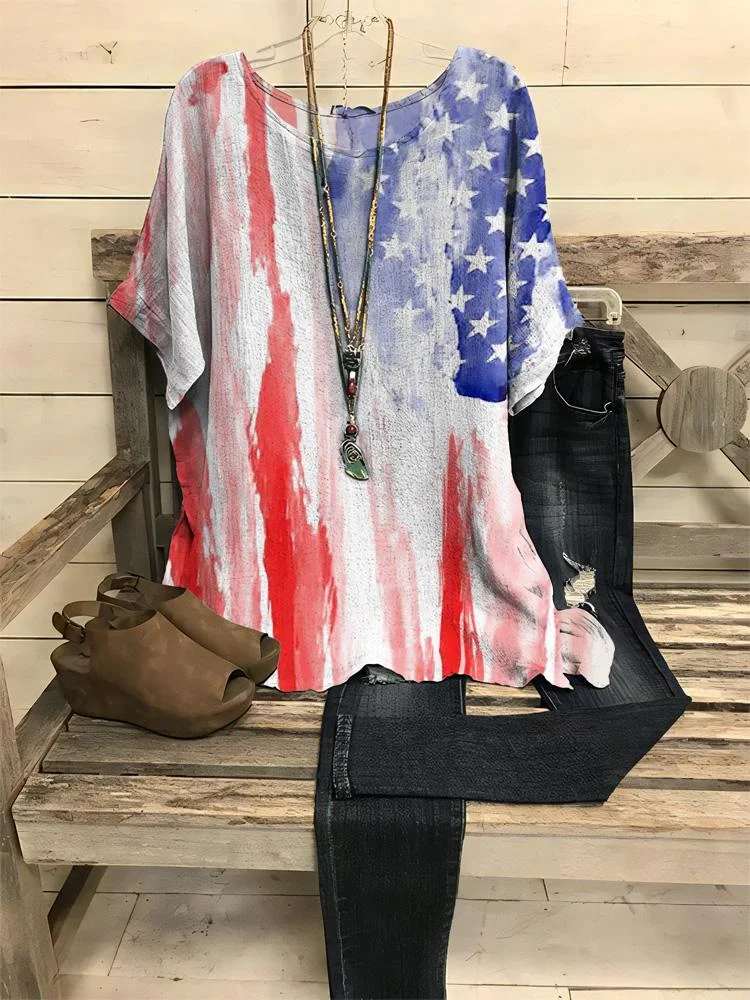 Women's Flag Printing Round Neck Half-sleeve T-shirt