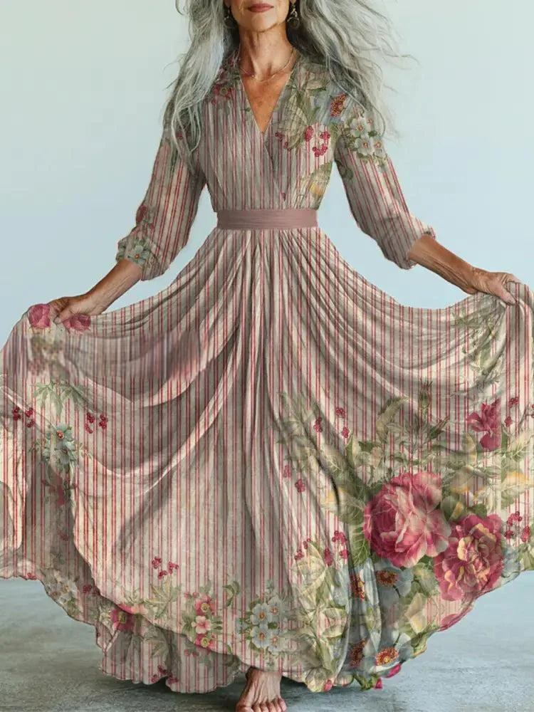 Retro Floral Art Printed Vintage V-Neck Long Sleeves Midi Dress