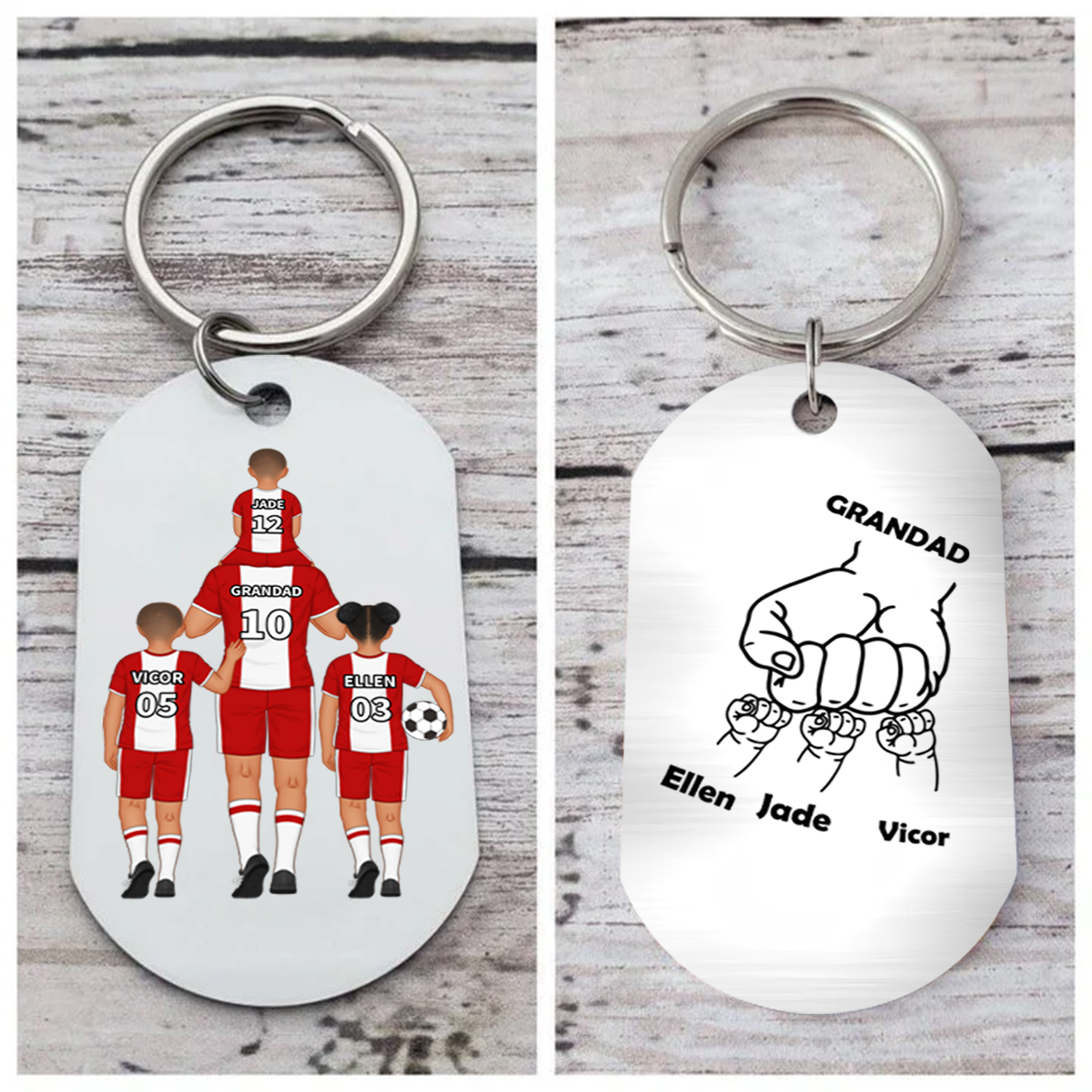 1-3 Names - Personalised Dad Football Team Fist Keychain Customized Name Gift with Gift Box for Dad/Grandad