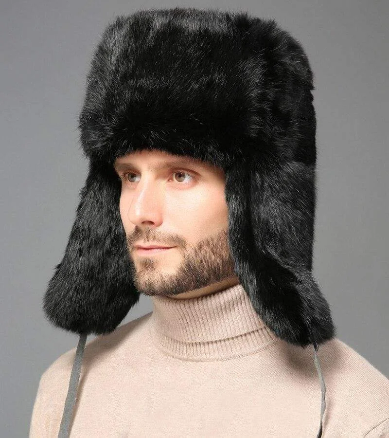 Thick Warm Bomber Hat Men Real Rabbit Fur Earflap Trapper Outdoor Russian  Cap Male Plus Size Winter Hats Ski Russian Hat