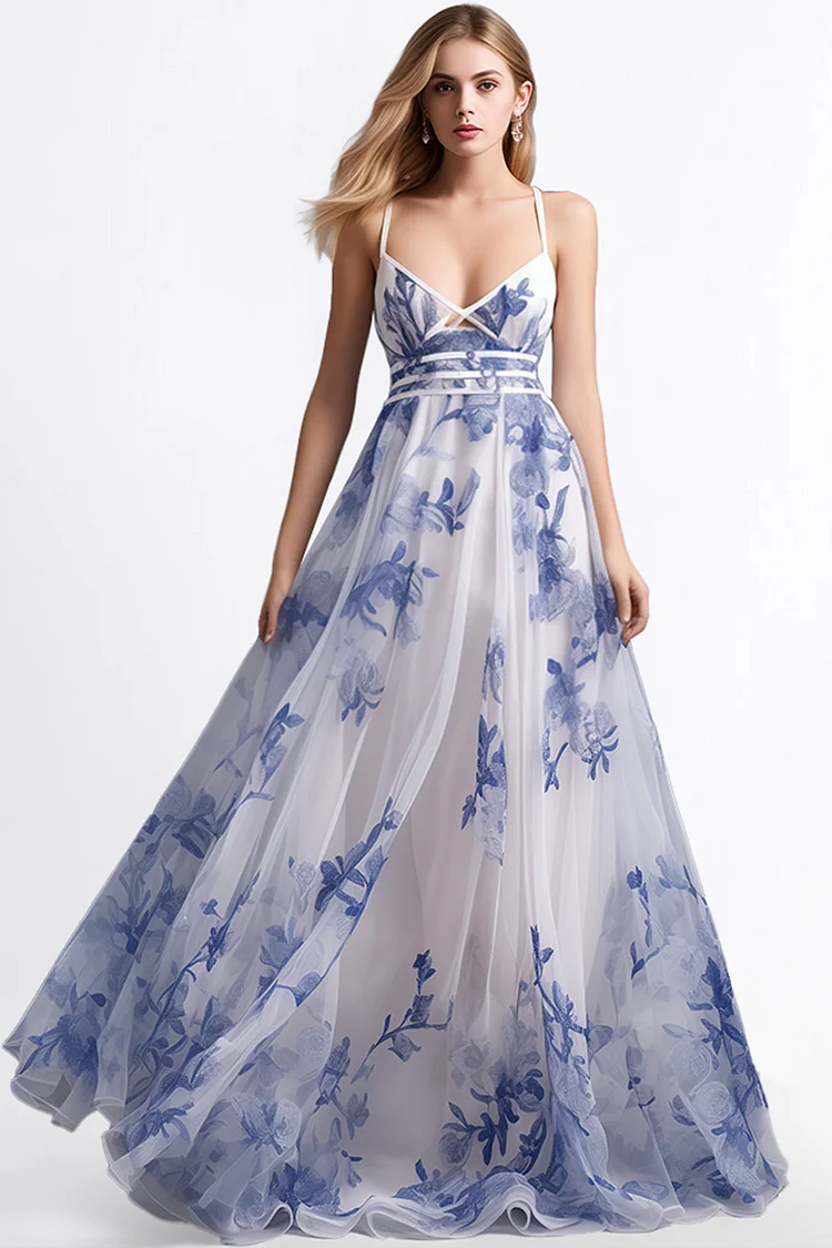 Zaruci Wedding Guest Blue Mesh Floral Print Sleeveless Maxi Dress [Pre-Order]