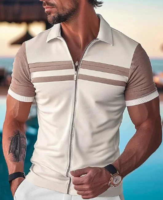 Casual Turndown Collar Contrast Stripe Zipper Shirt 