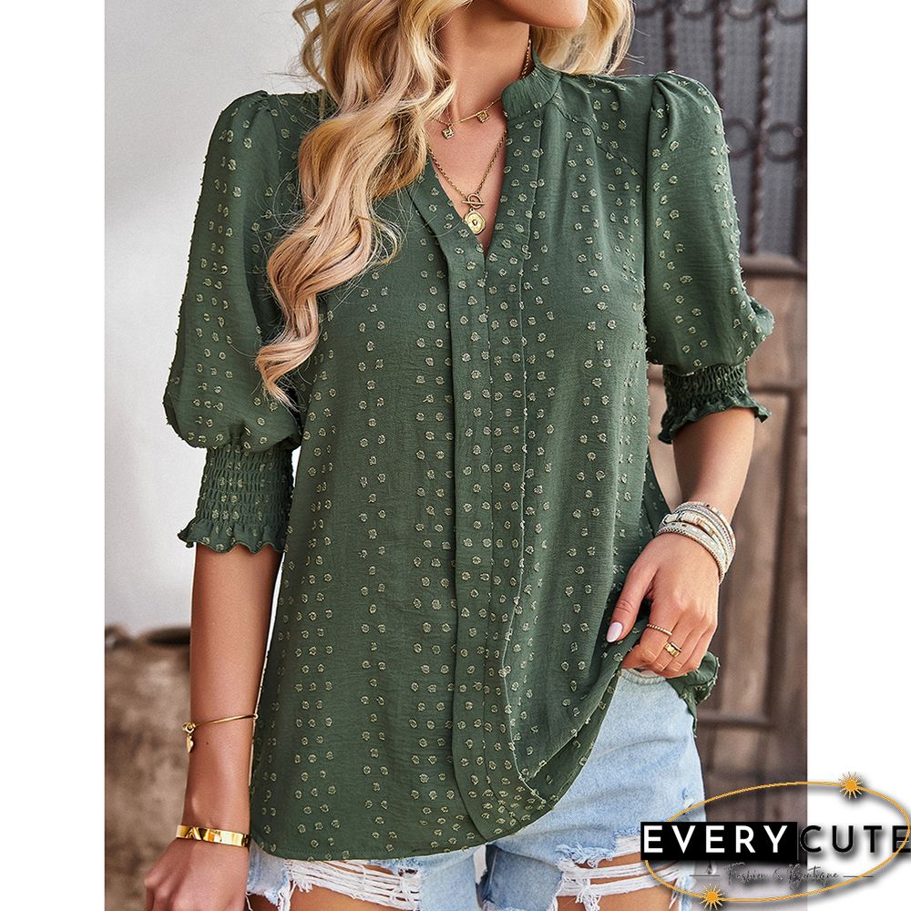 Green V Neck Jacquard Half Sleeve Blouse