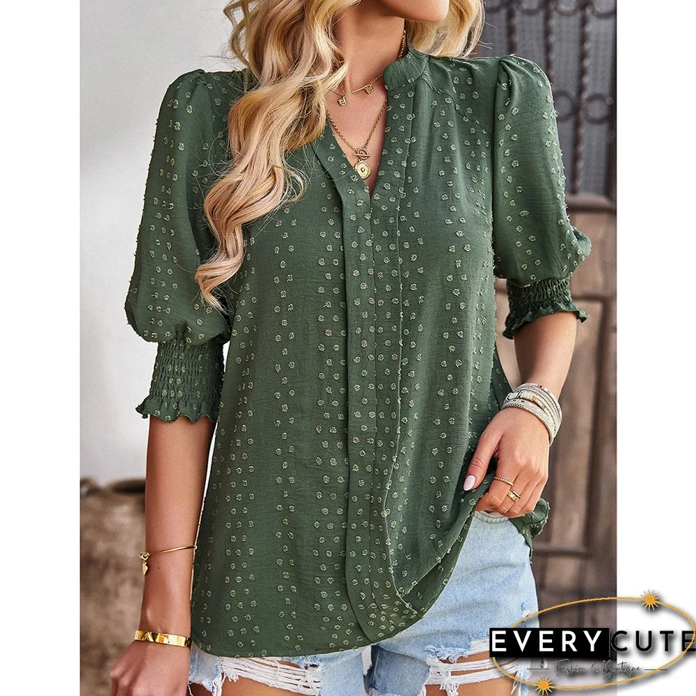 Green V Neck Jacquard Half Sleeve Blouse