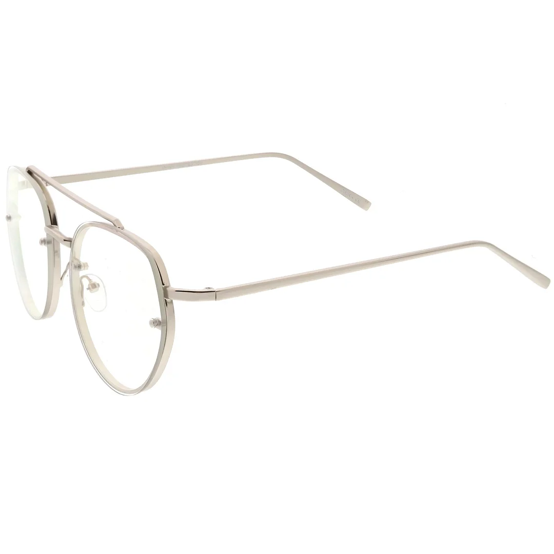 Modern Round Aviator Eyeglasses Slim Brow Bar Rimless Clear Flat Lens  59mm