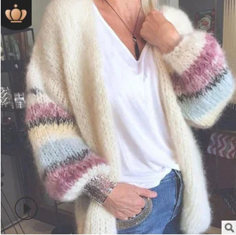 Brownm Brownm New Sweater Striped Mare Hairy Open Shirt Autumn And Winter Knitted Long-Sleeved Coat Women's Clothing