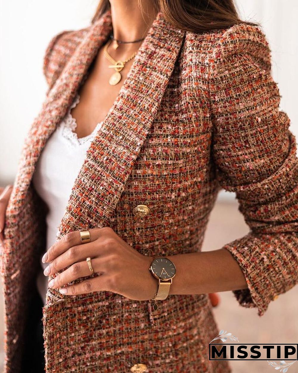 Tweed Button Design Long Sleeve Blazer Coat