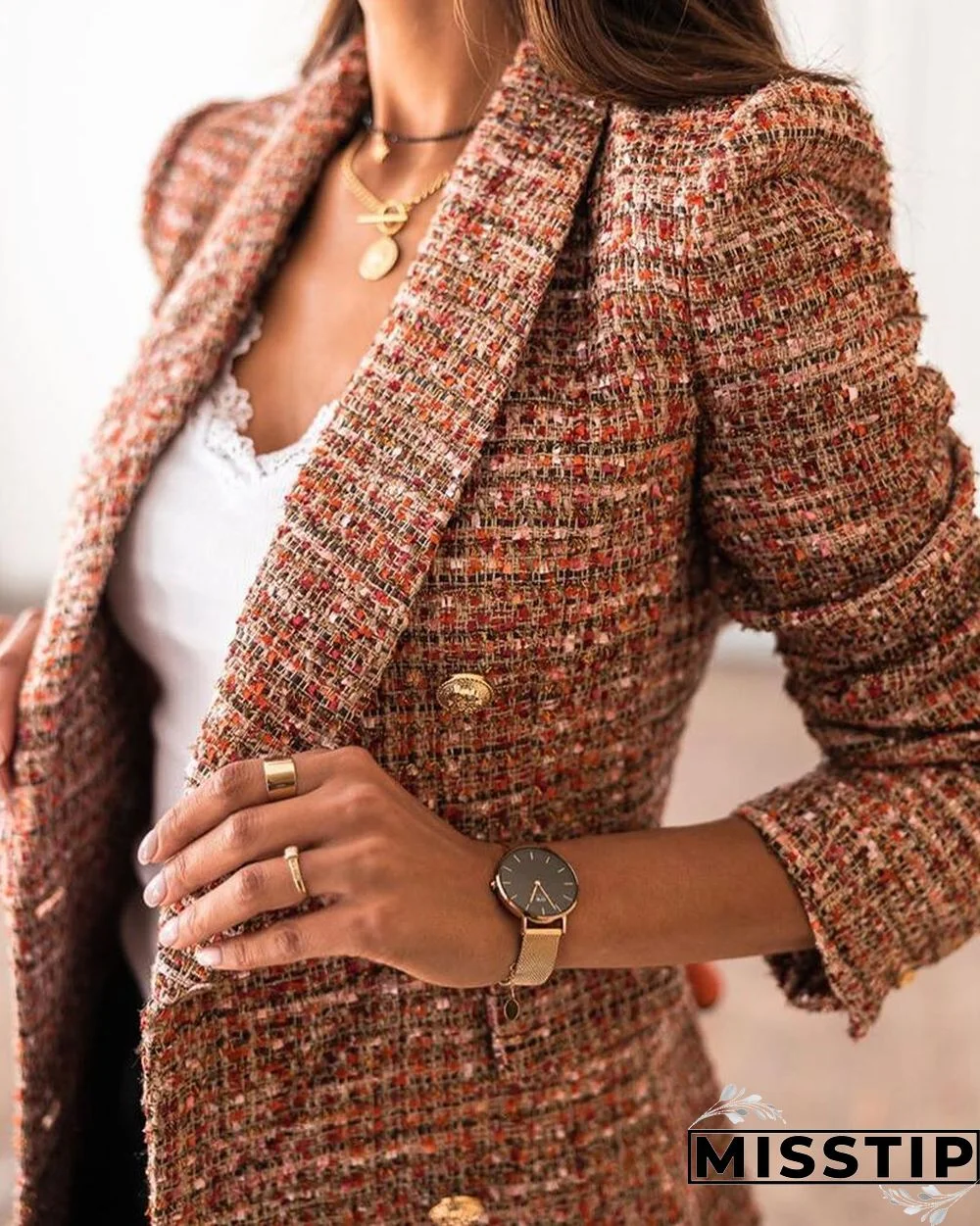 Tweed Button Design Long Sleeve Blazer Coat