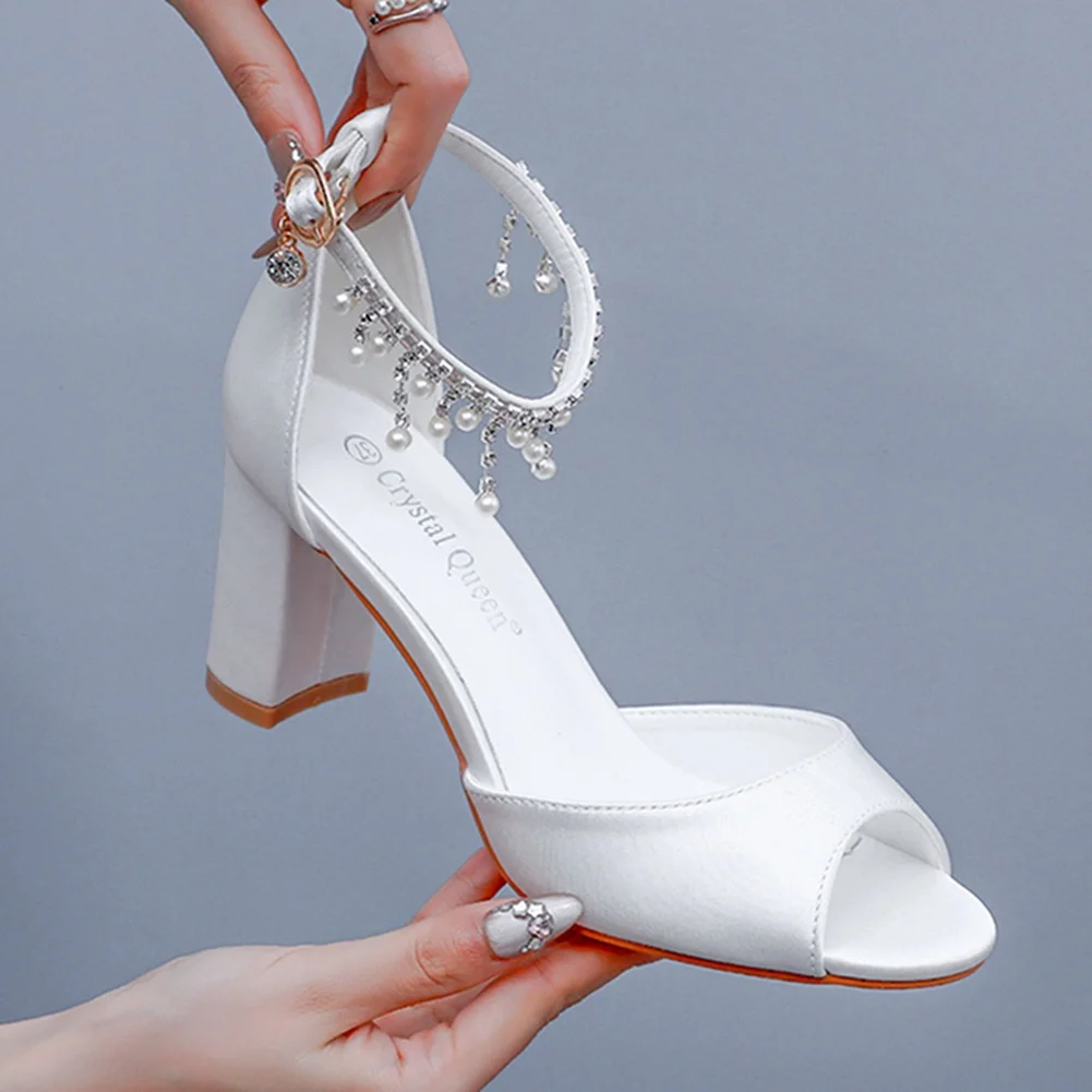 Breakj Breakj Cm Fish Mouth High Heel Sandals Shallow Large-Size Round-Headed Beaded Thaigou High Heels Bridal Wedding Silk Satin Sandals