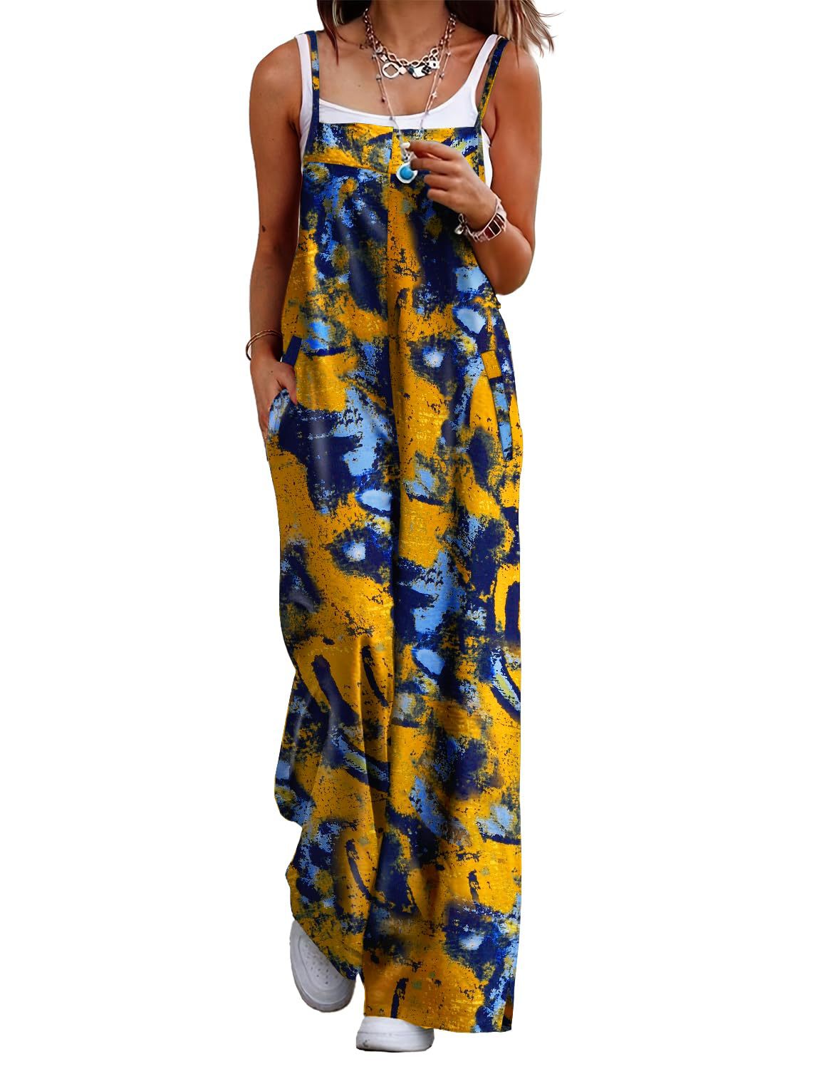 Cczzt Casual Loose Print Pocket Beach Holiday Jumpsuit Women Fashin Sleeveless Spaghetti Summer Wide Leg Pant Rompers Ladies 2025