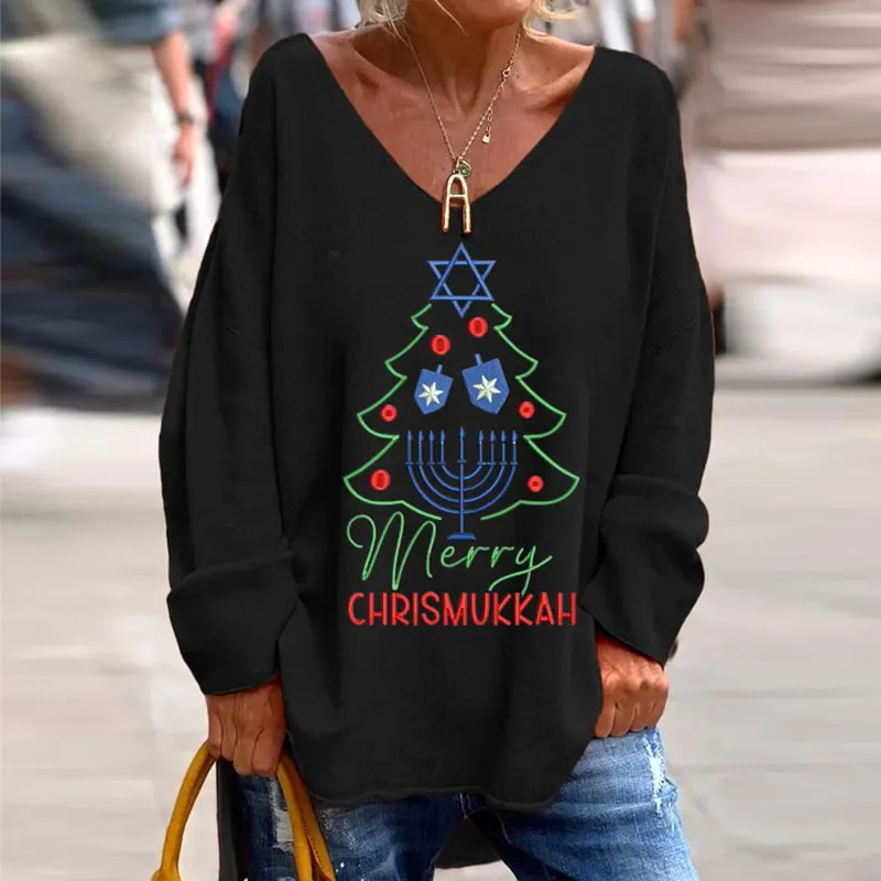 Women's Merry Christmas Hanukkah Print Casual Long Shirt