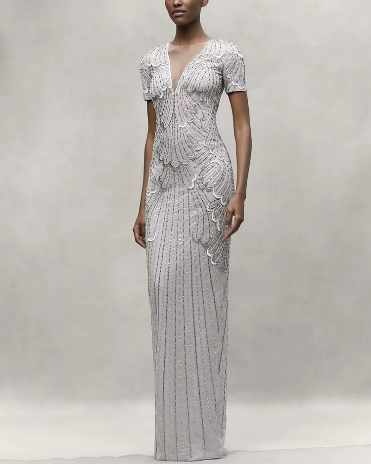 Delicate Sequin Embroidered Cape Gown