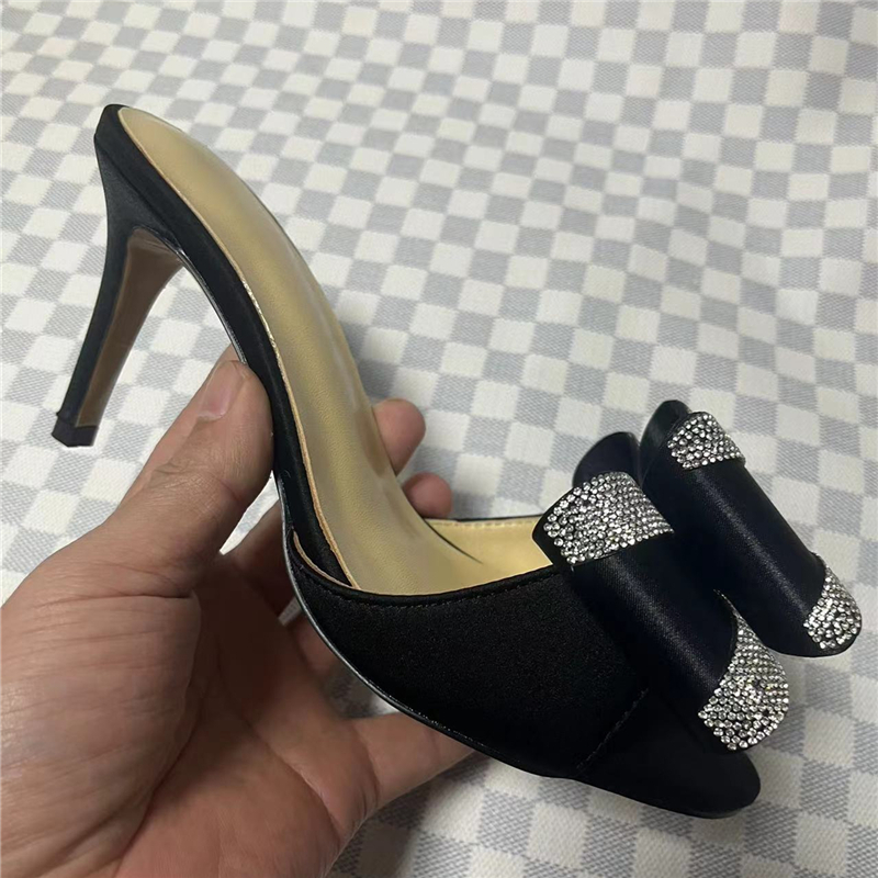 Jeweled Satin Butterfly-Knot Sandals Women Open Toe 8cm Thin High Heels Slingbacks Mules