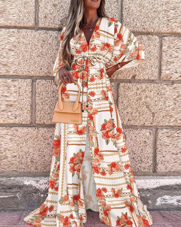 V Print Button Doll Sleeve Loose Slit Dress