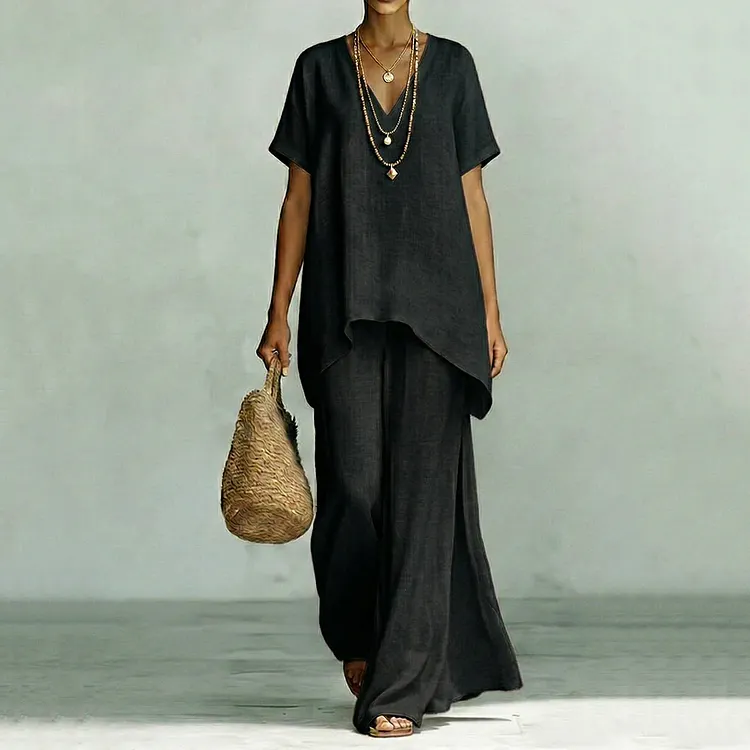 Linen V-neck Short-sleeved Loose Top And Wide-leg Pants Two-piece Set