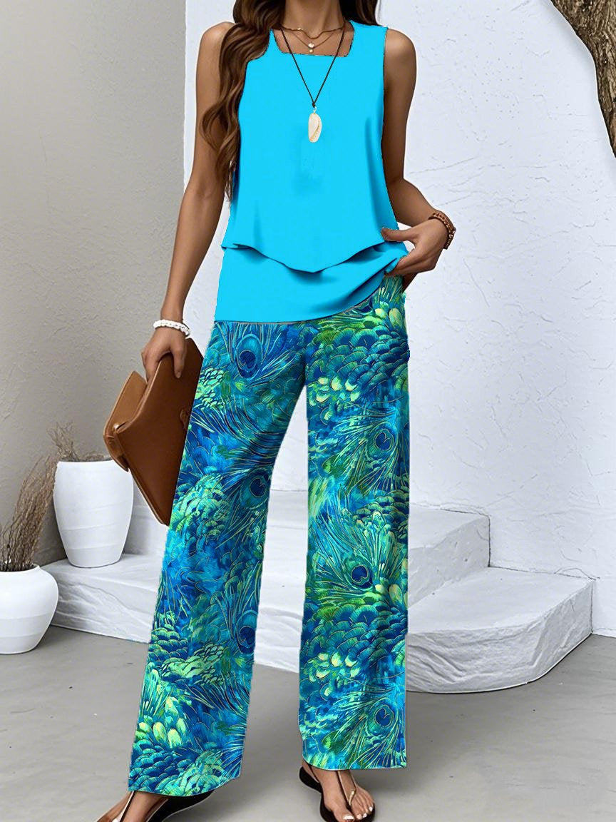 Women's Sleeveless Square Collar Floral Printed Casual Set