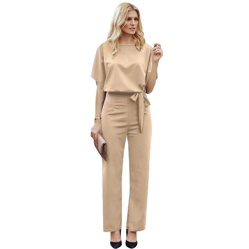 High Waist Wide Pants Solid Color Round Neck Short Sleeves Lace-up Jumpsuit Women Bottoms