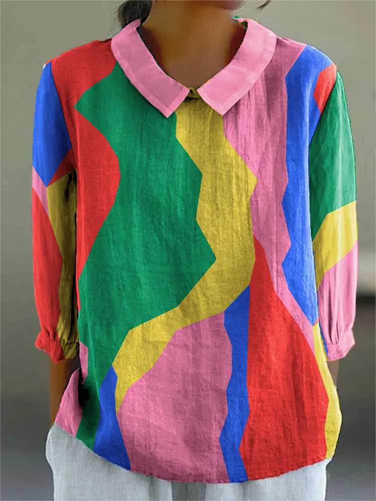 Women's Fashion Color Block Art Print Casual Cotton And Linen 3/4 Sleeve Shirt