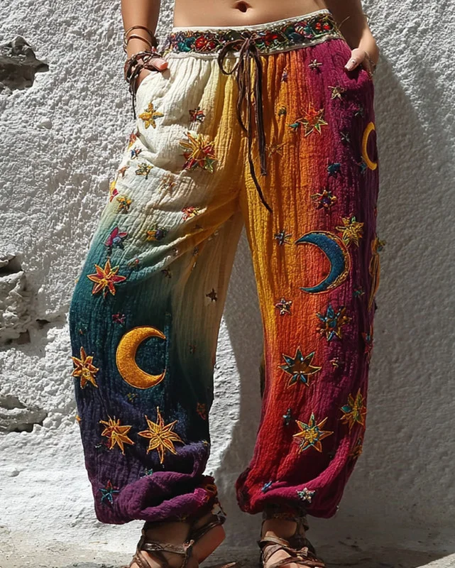 Women's Summer Vacation Star and Moon Embroidered Linen Patchwork Pants 162c