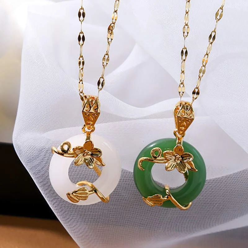 Lotus Pattern Jade Luck Necklace Chain Pendant