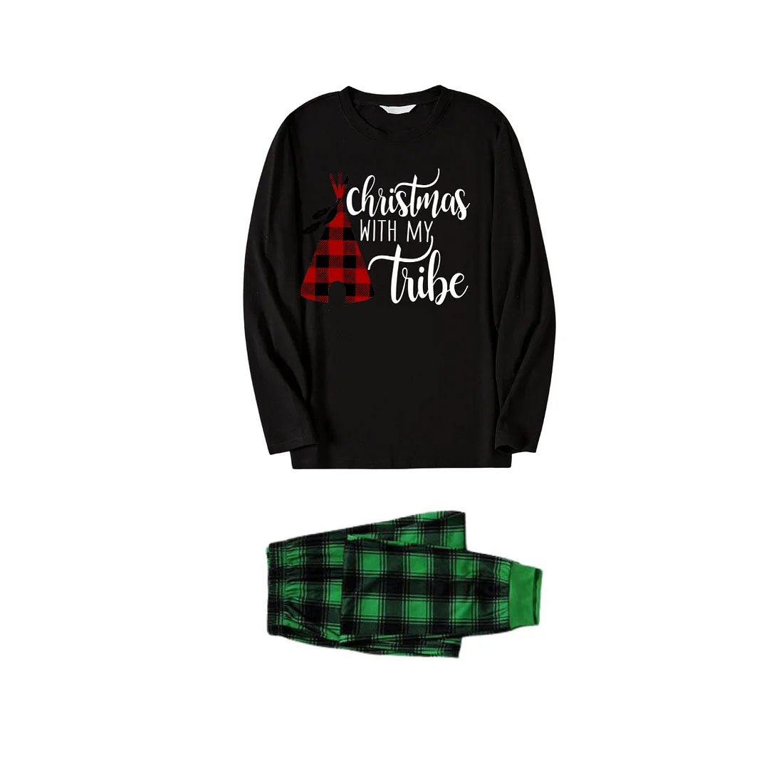 "Merry Christmas" Text Print Black Long Sleeve Top with Green and Black Plaid Family Matching Pajamas
