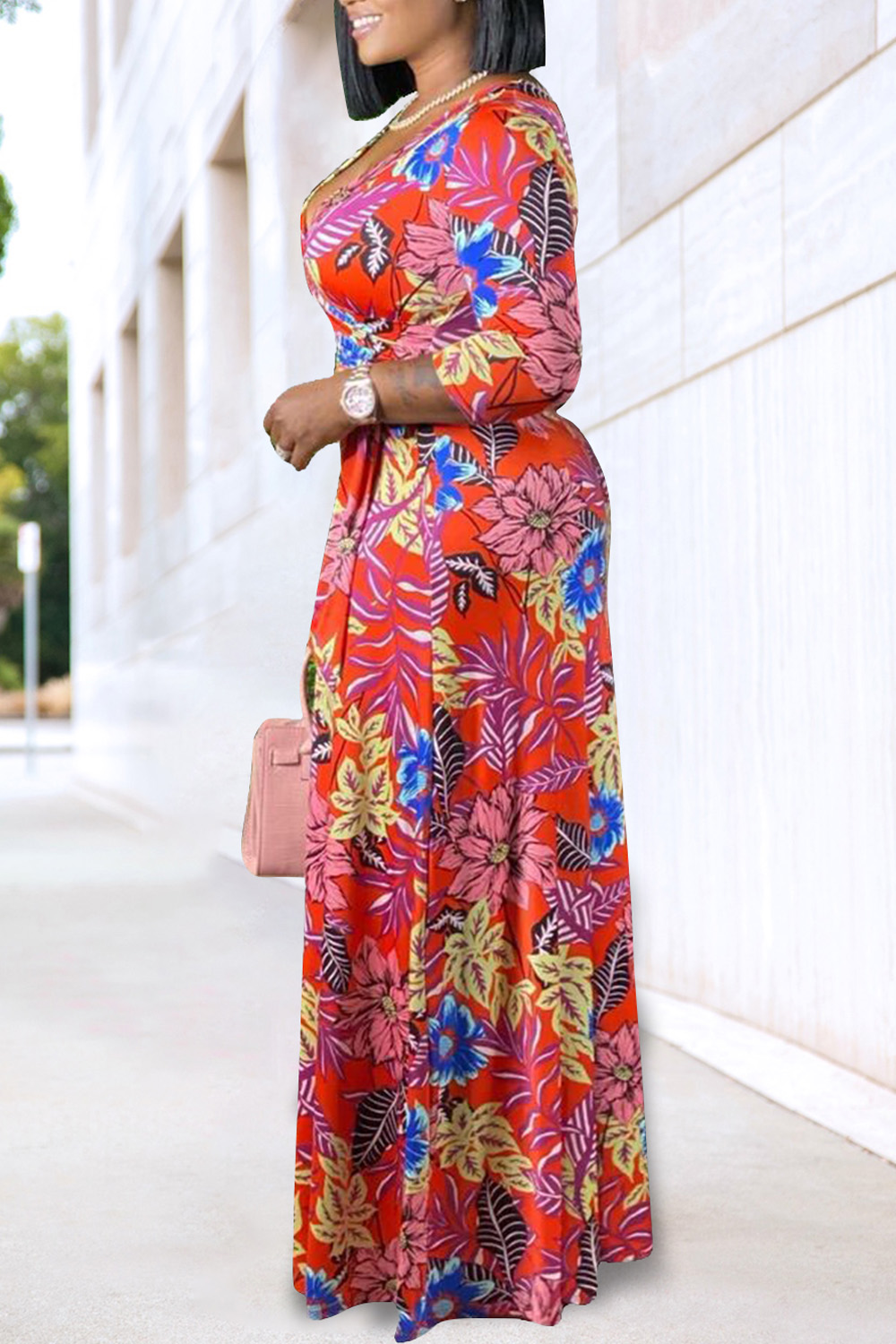Plus Size Beach Maxi Dresses Casual Green Floral Spring Summer Wrap Neck 3/4 Sleeve Knitted Maxi Dresses