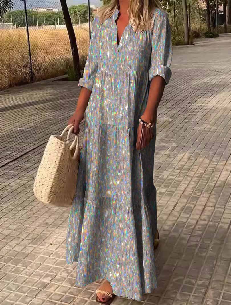 Women Silver, Shiny DZDN0344 SPU Printed Long Sleeve V-neck Maxi Dress