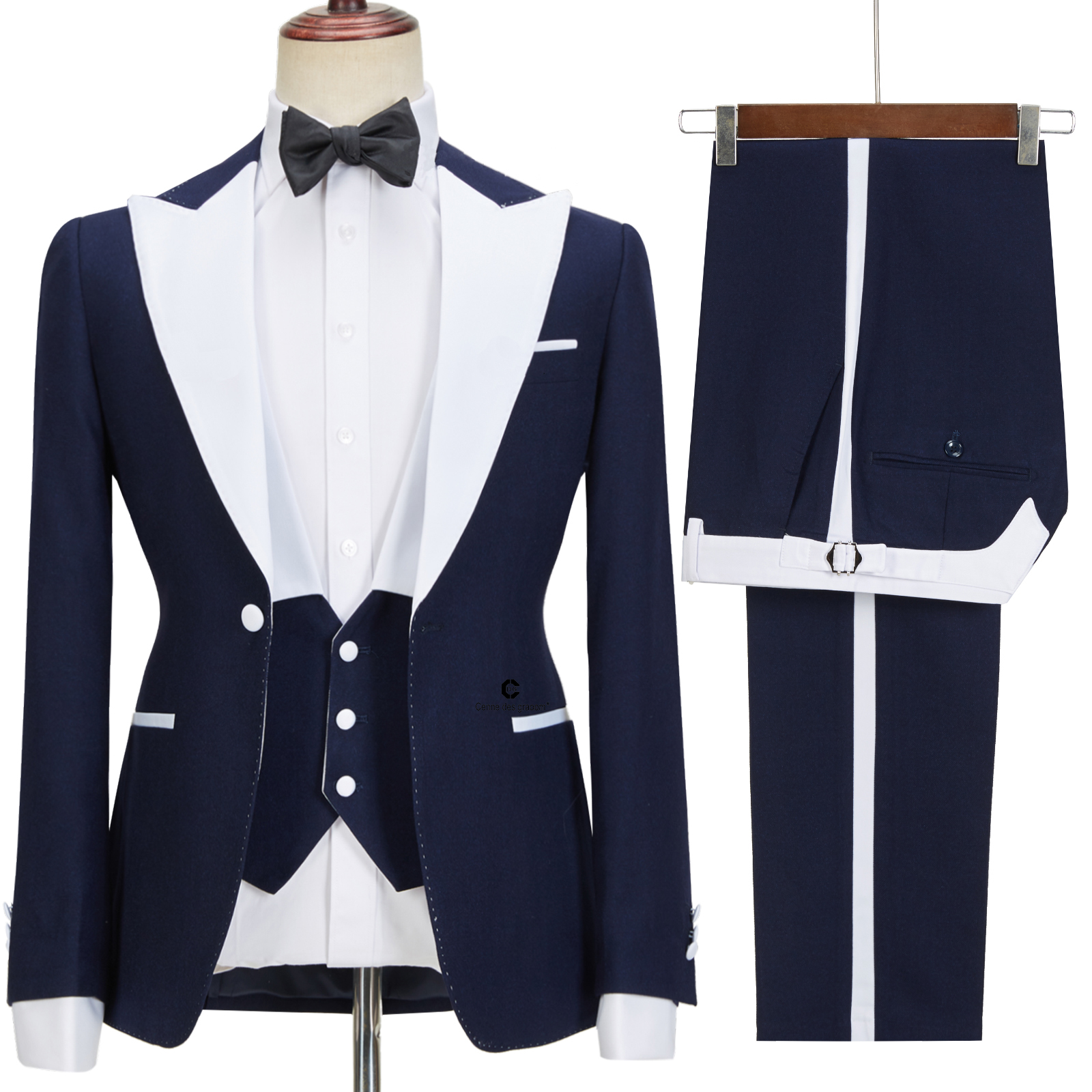 Tyler Navy Blue Peaked Lapel Easy Fit  Three Pieces Men suits