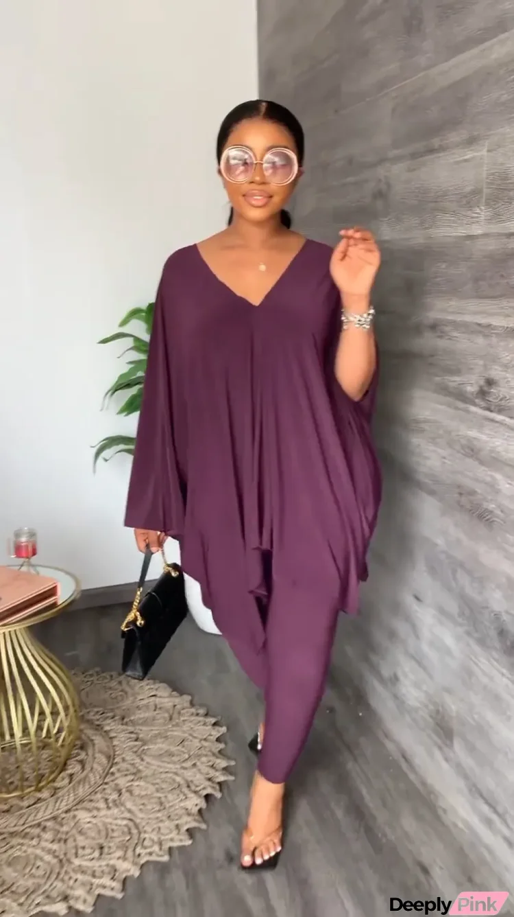 Plus Size Solid V Neck Loose Top And Pants 2 Piece Sets