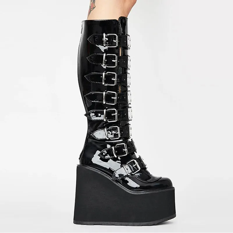 Leather Women Mid-Calf Boots Gothic Style Cool Punk Motorcycles Females Boot Platform Wedges High Heels Calf Boots Women's Shoes