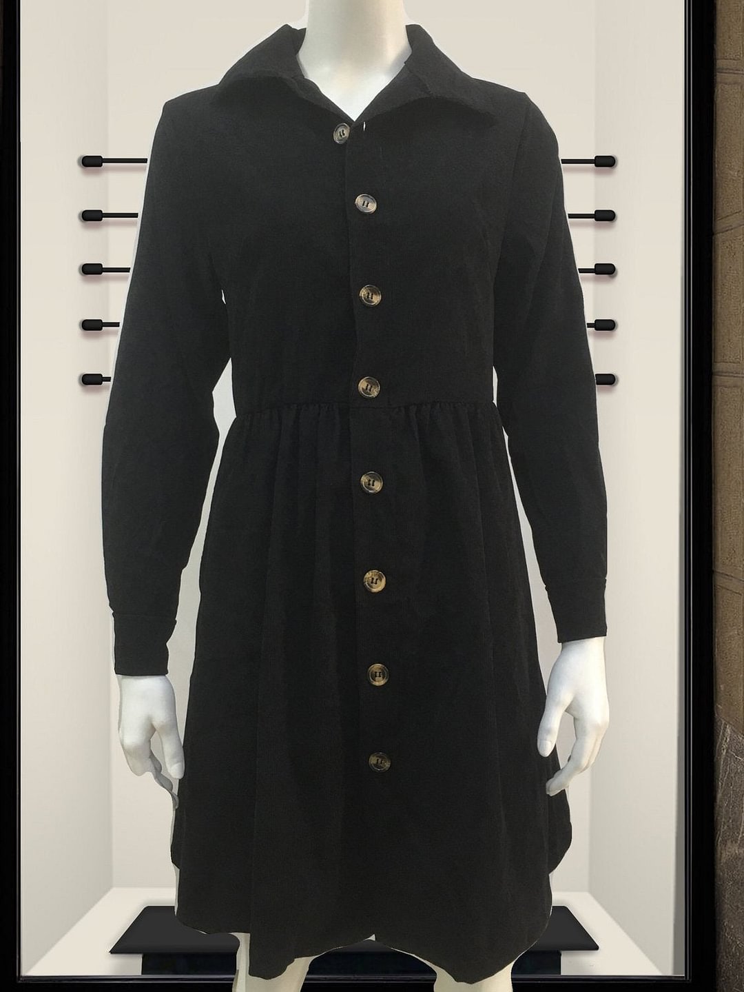 Women Long Sleeve V-neck Button Midi Dress