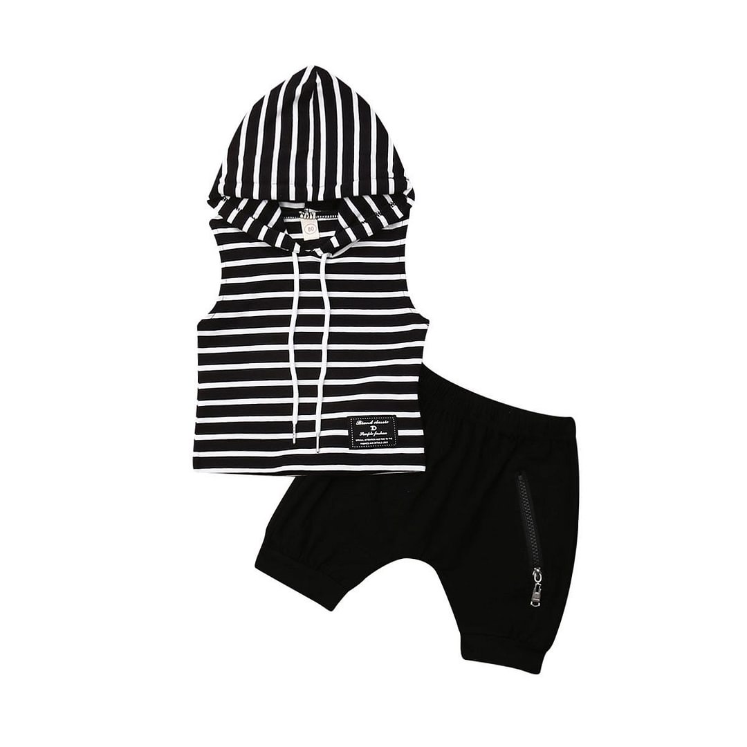 2020 Baby Summer Clothing Toddler Baby Boy Clothes Sleeveless Hooded Stripe Top Shirt Zipper Shorts 2Pcs Sets Outfit